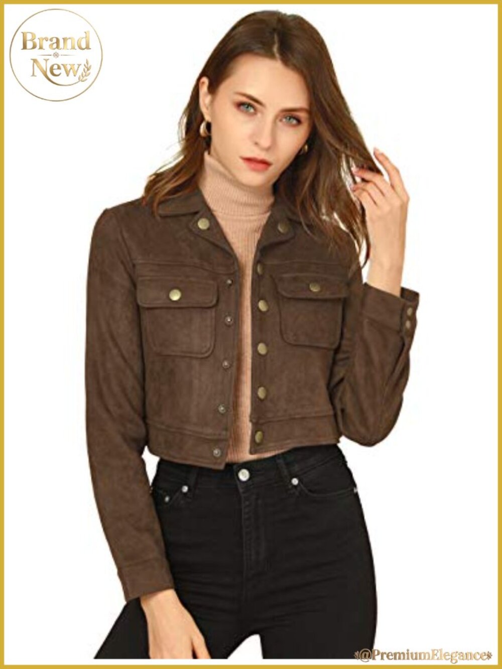 Faux Suede Cropped Jacket Notched Collar Button Snap Flap Pockets Short Coat